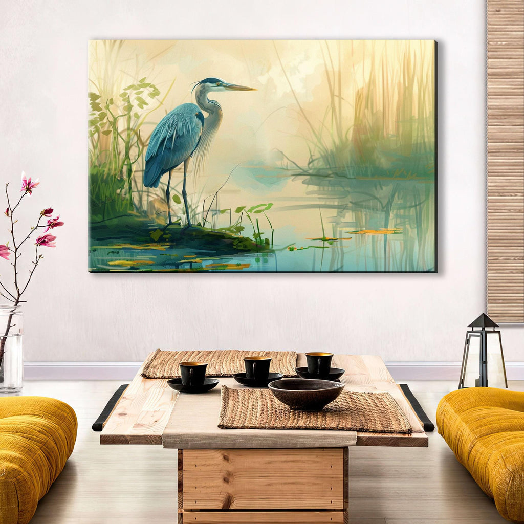 Blue Heron Wall Art – Large Canvas Print | Misty Morning Coastal Decor