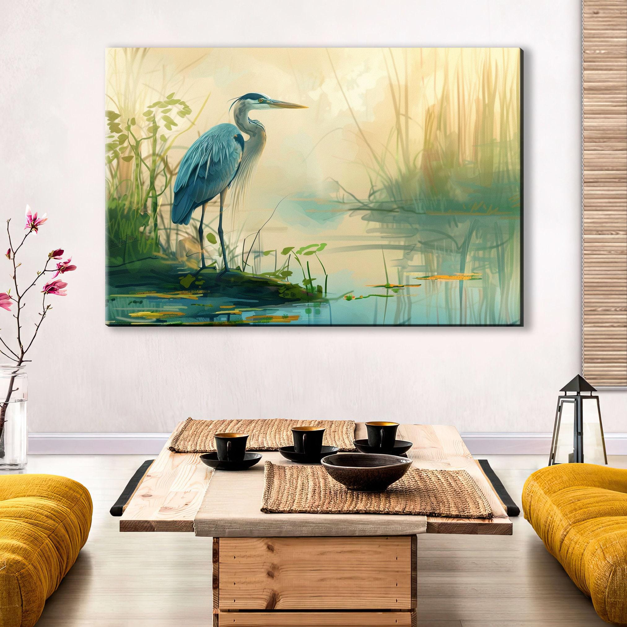 Blue Heron Wall Art – Large Canvas Print | Misty Morning Coastal Decor