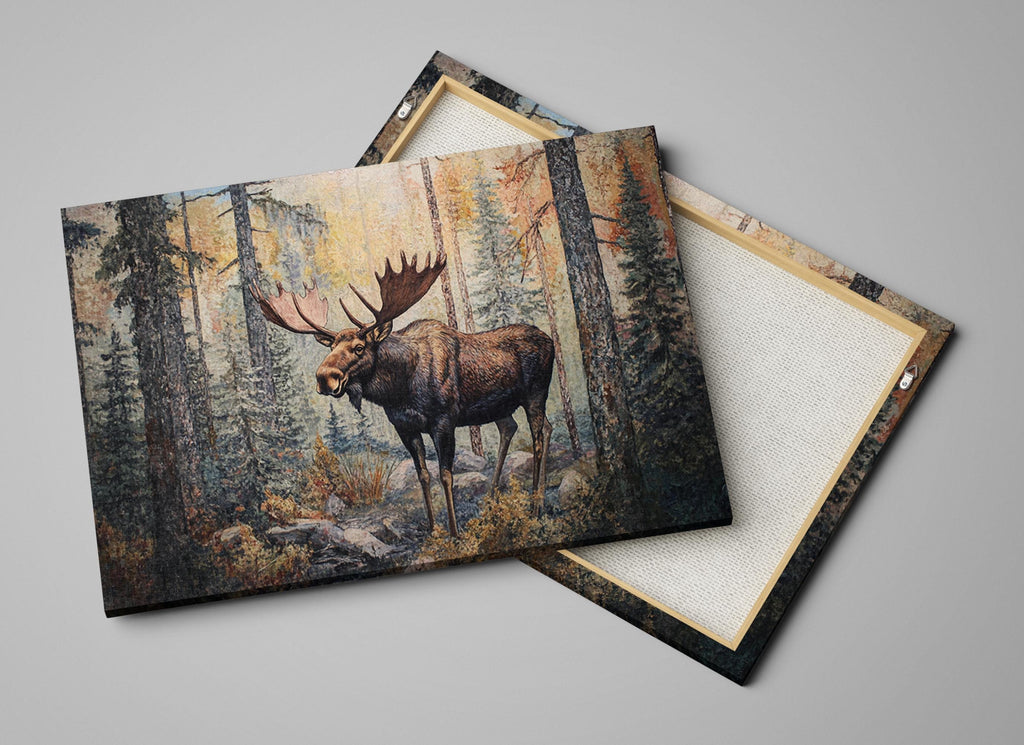 two paintings of a moose in the woods