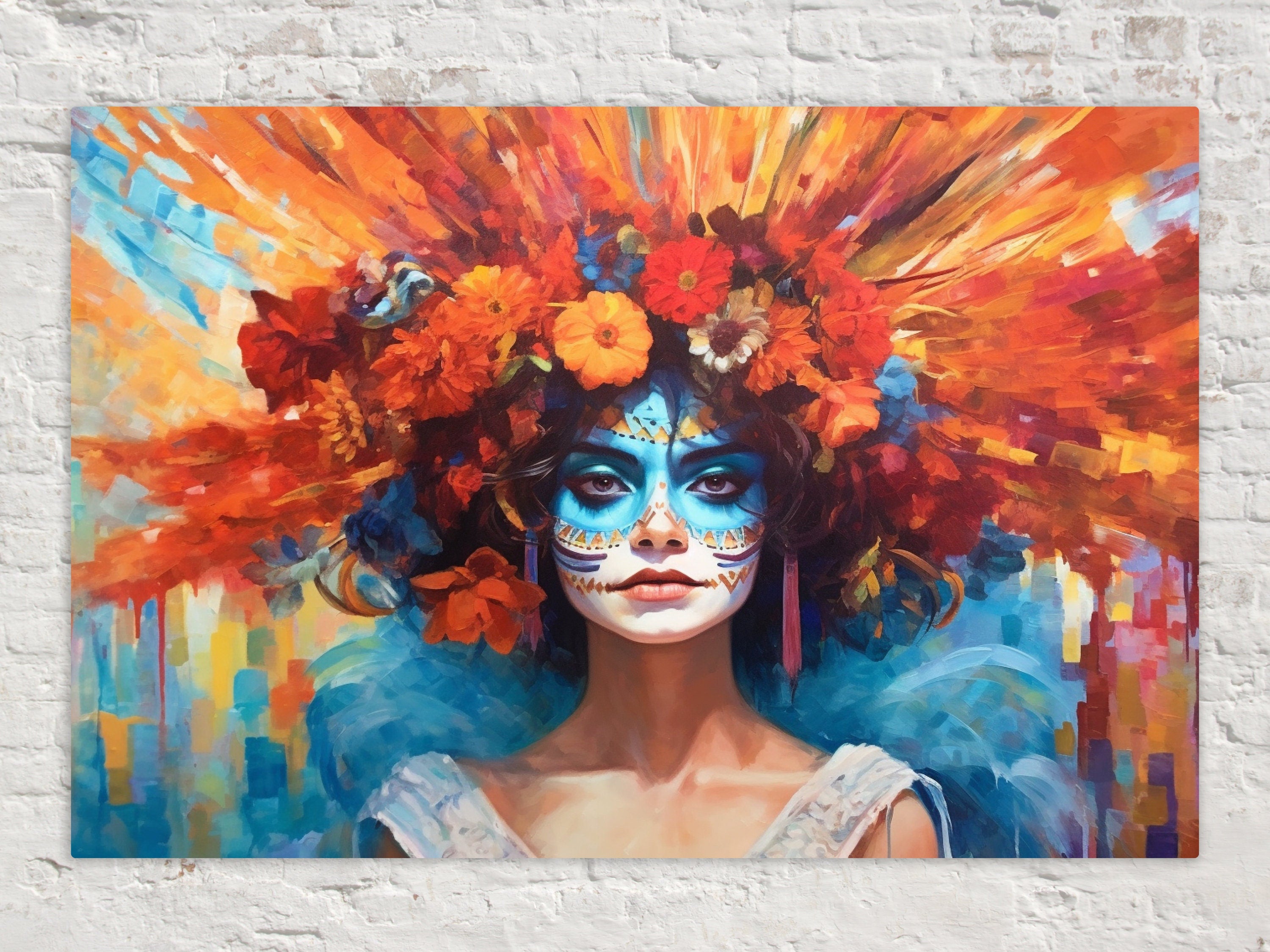Day of the Dead Art - Large Canvas Sugar Skull Wall Art With Vibrant Flower Hair