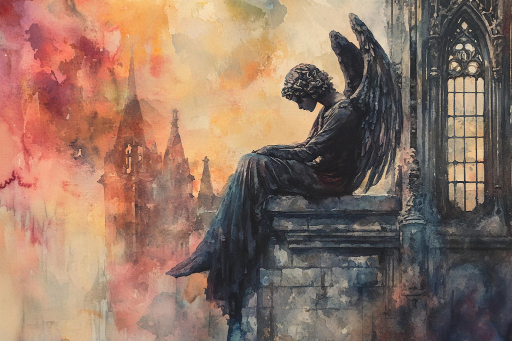 A statue of an angel sitting on a stone ledge, with a Gothic-style building in the background.