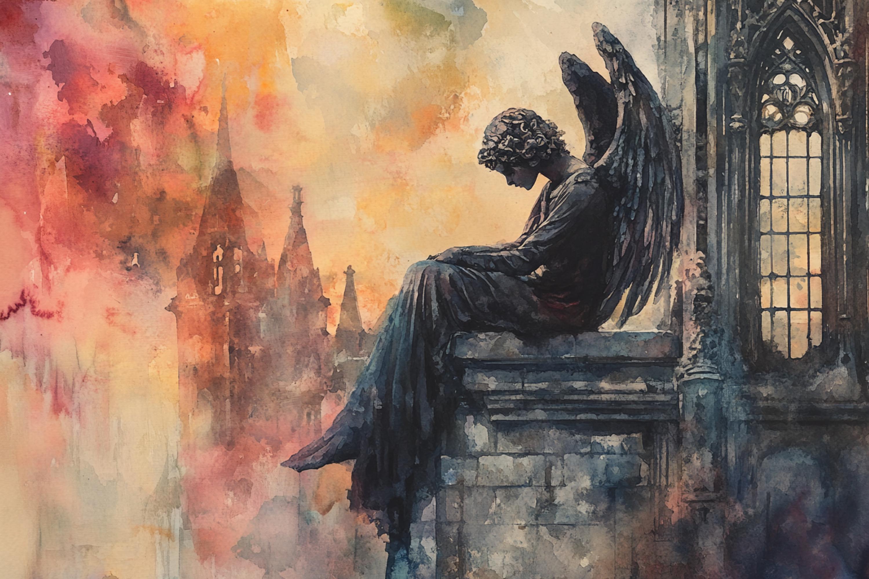 A statue of an angel sitting on a stone ledge, with a Gothic-style building in the background.