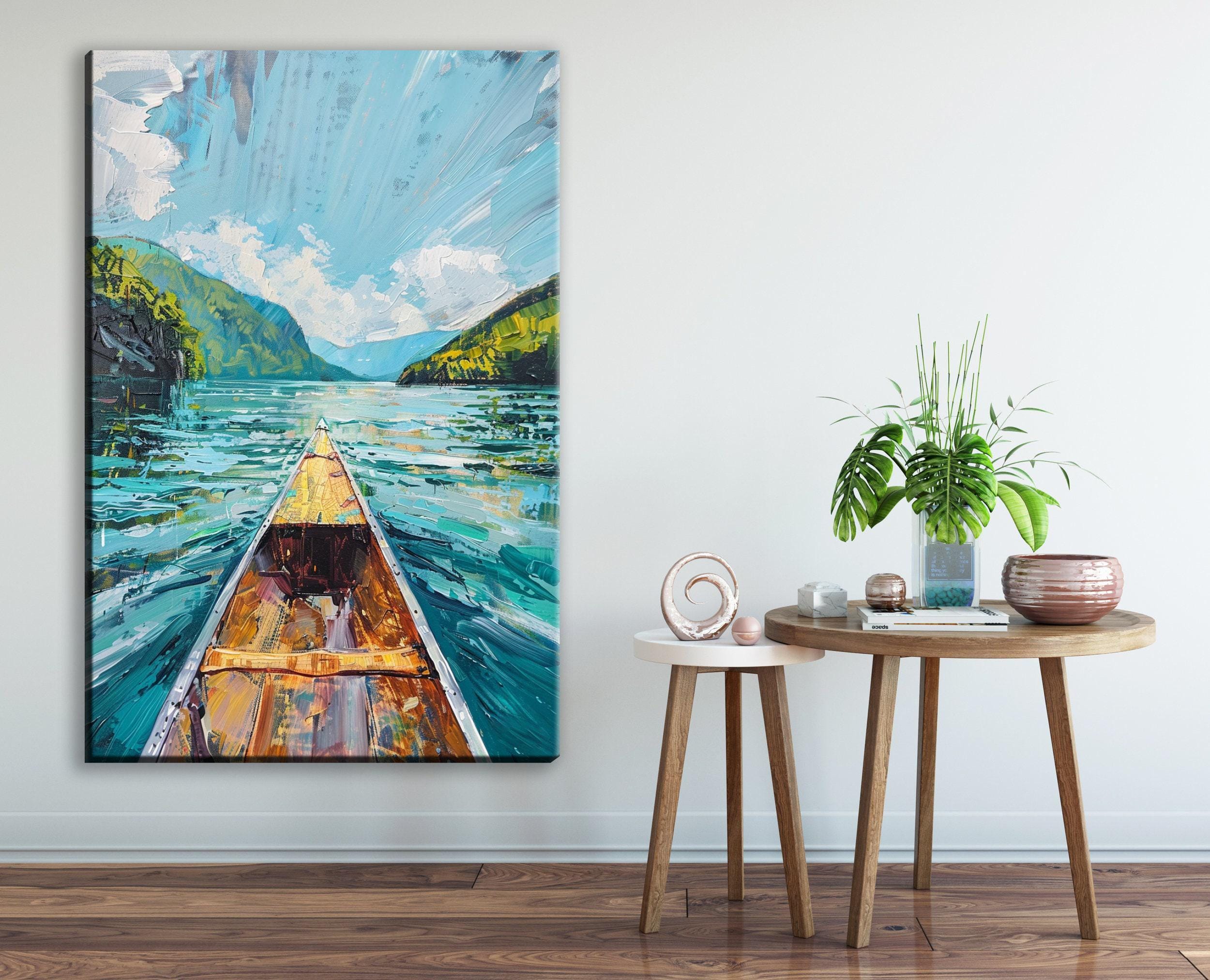 Canoe Wall Art – Rustic River Canvas Print | Large Gallery Wrapped Nature Artwork