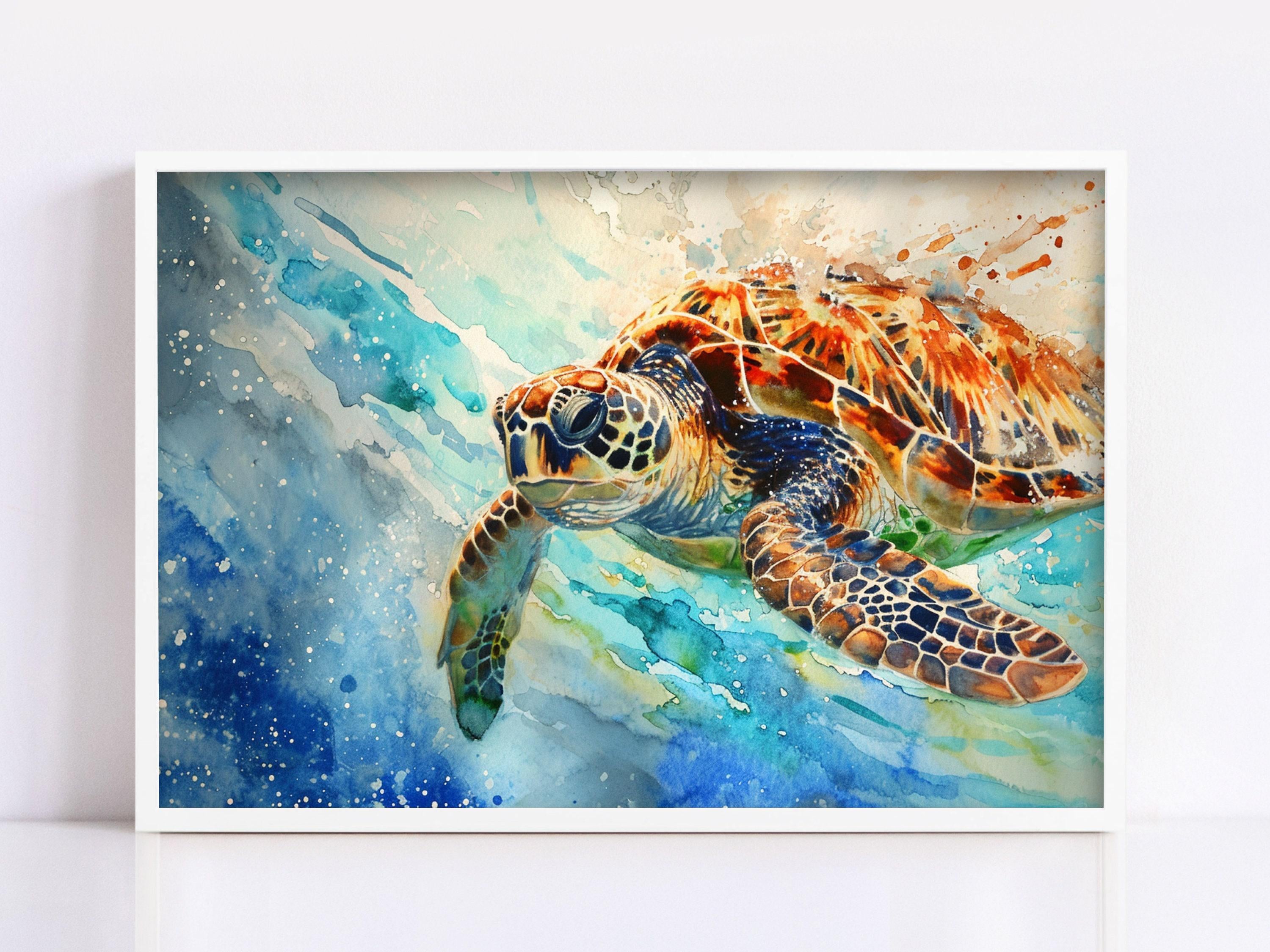 Vibrant Sea Turtle Watercolor – Oceanic Colors Wall Art, Print on Canvas, Artist Paper, Watercolor Paper, Available in Extra Large Sizes