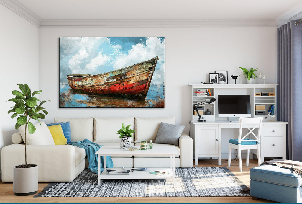 Coastal Boat Wall Art – Large Canvas Art | Old Red White Boat On Gallery Wrapped Canvas