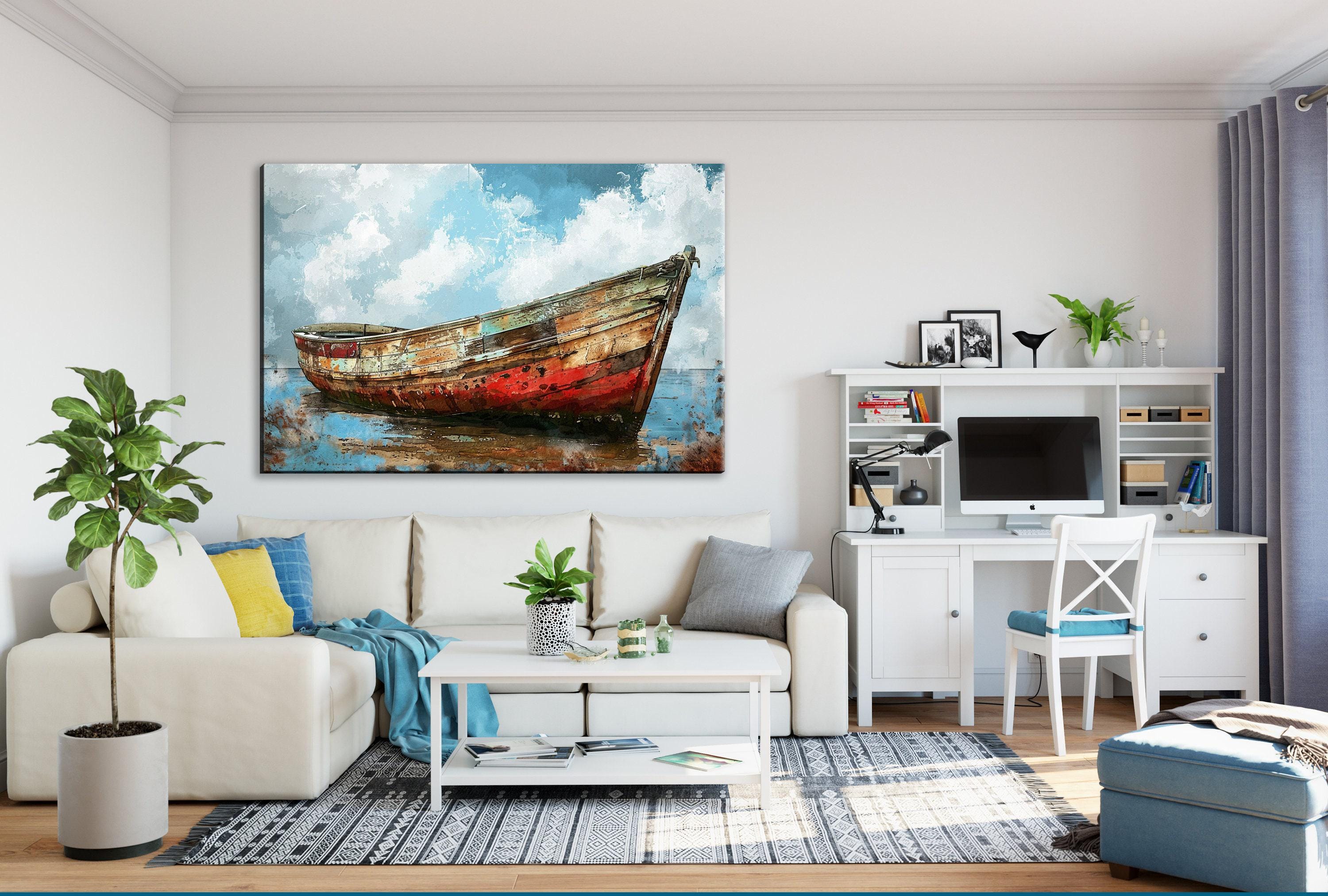 Coastal Boat Wall Art – Large Canvas Art | Old Red White Boat On Gallery Wrapped Canvas