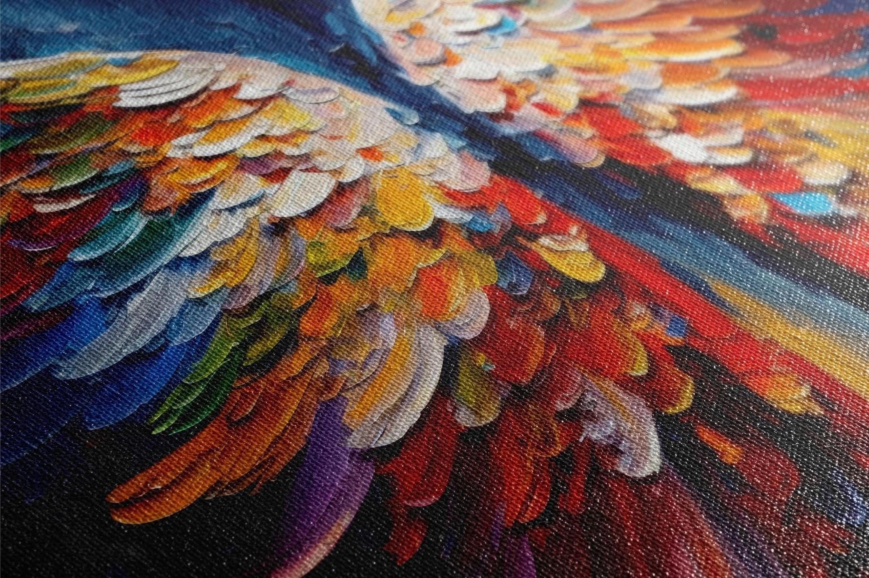 The image is a close-up of a vibrant, colorful painting of a bird's wing, showcasing a variety of hues and patterns.