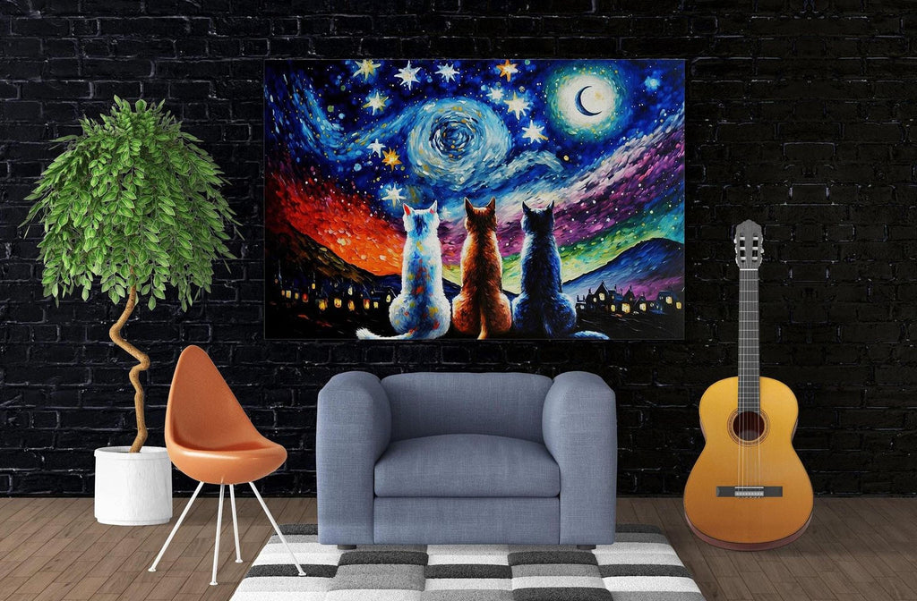 a cozy living room with a large painting of cats against a starry night sky as the focal point. The painting is hung on a black brick wall, and the room is furnished with a gray armchair, a potted plant, and a guitar.