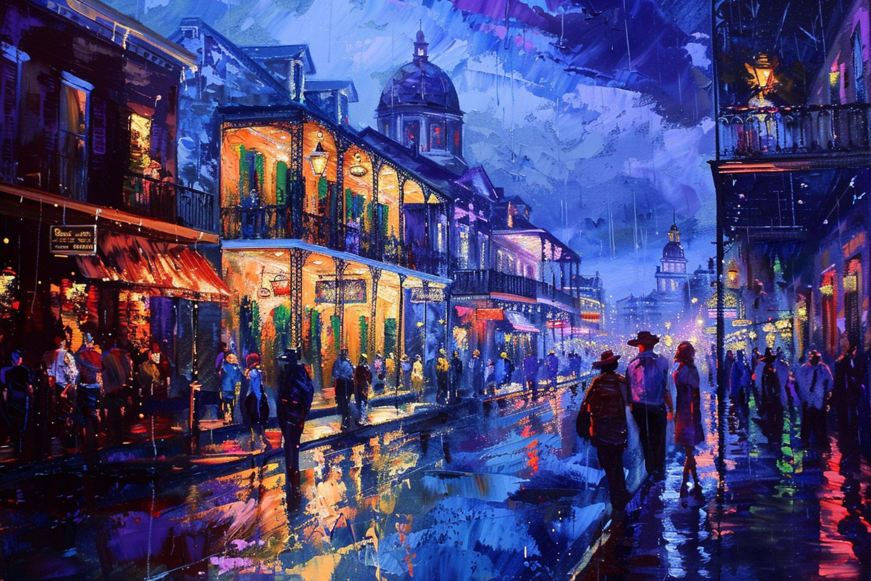 a bustling city street at night, with people walking along the sidewalks and illuminated buildings in the background. The street is wet, reflecting the vibrant lights and creating a lively atmosphere.