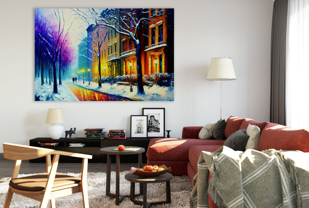 Cityscape Painting Print – Vibrant Winter Snow Artwork on Large Canvas Art