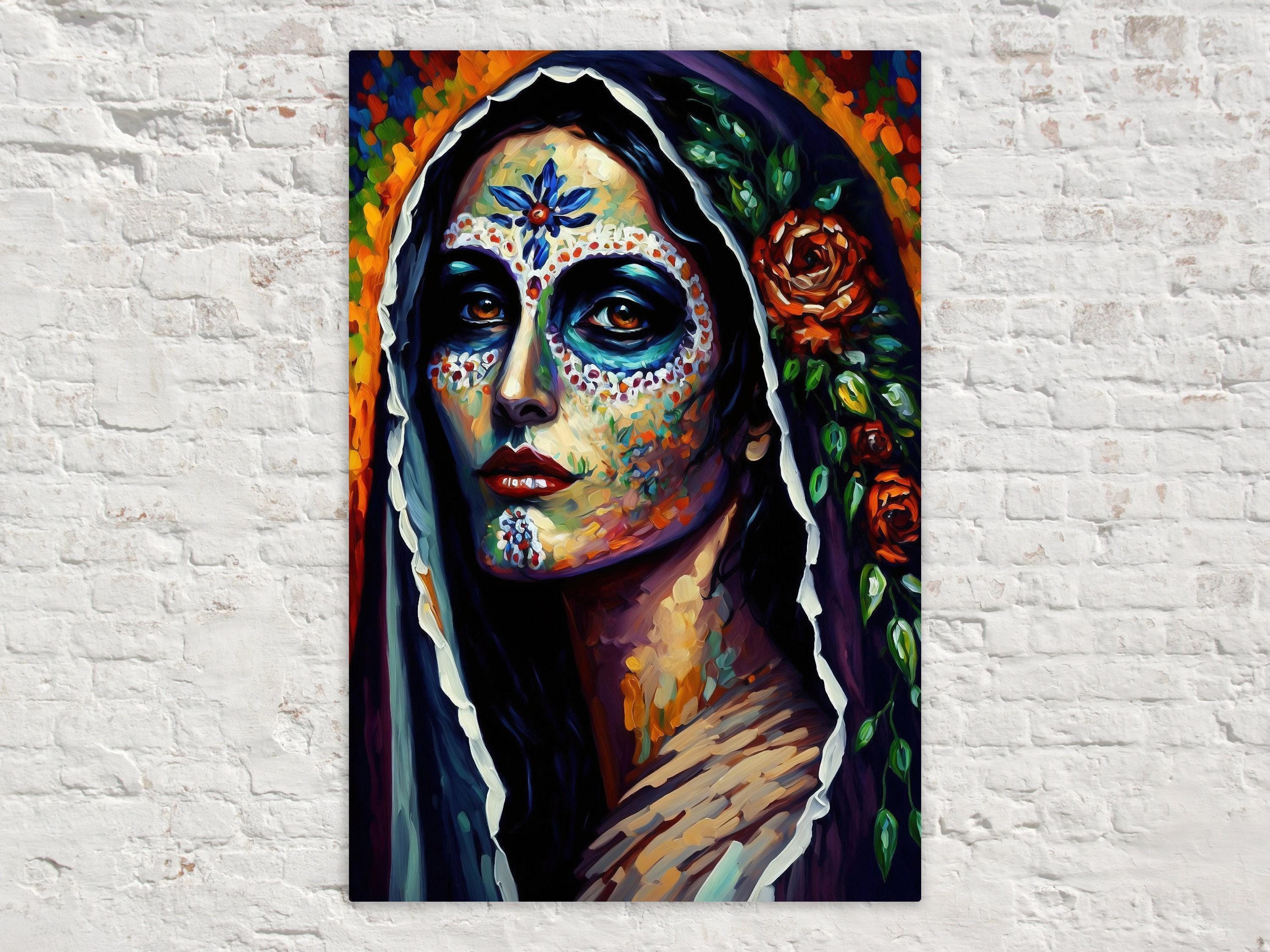 A colorful and vibrant painting depicting a woman with intricate Day of the Dead-inspired makeup and floral headpiece, set against a white brick wall.