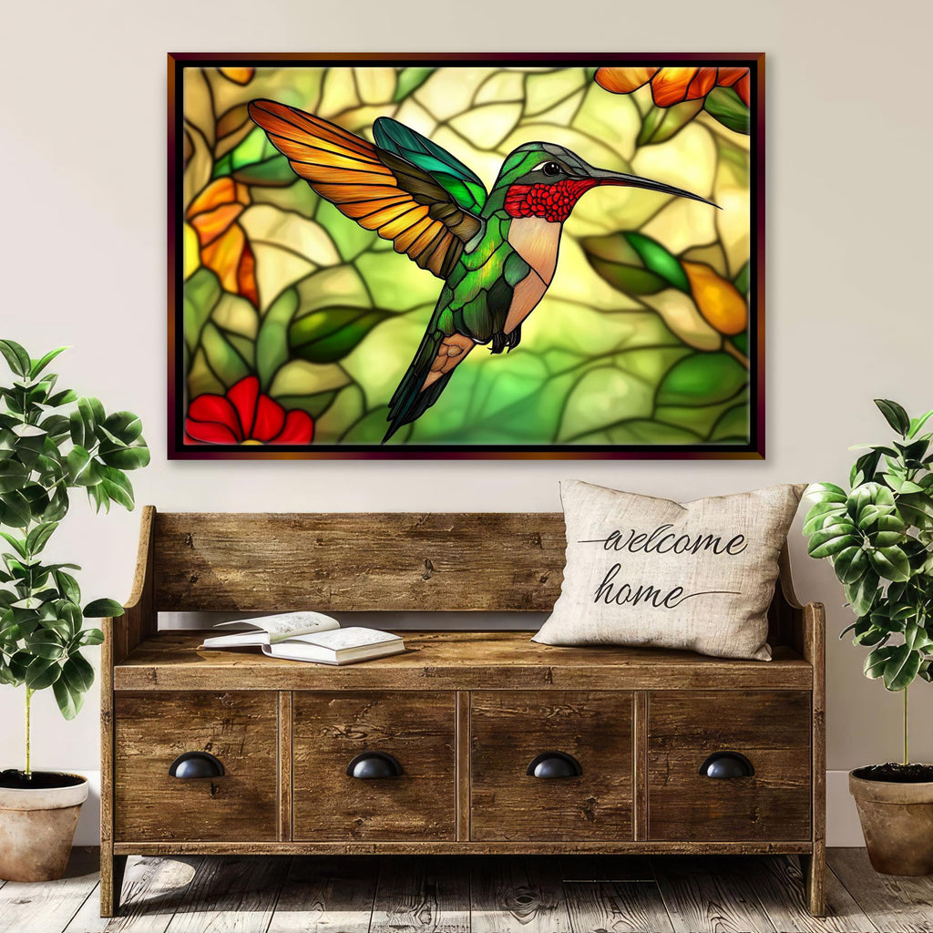 a painting of a hummingbird on a stained glass window