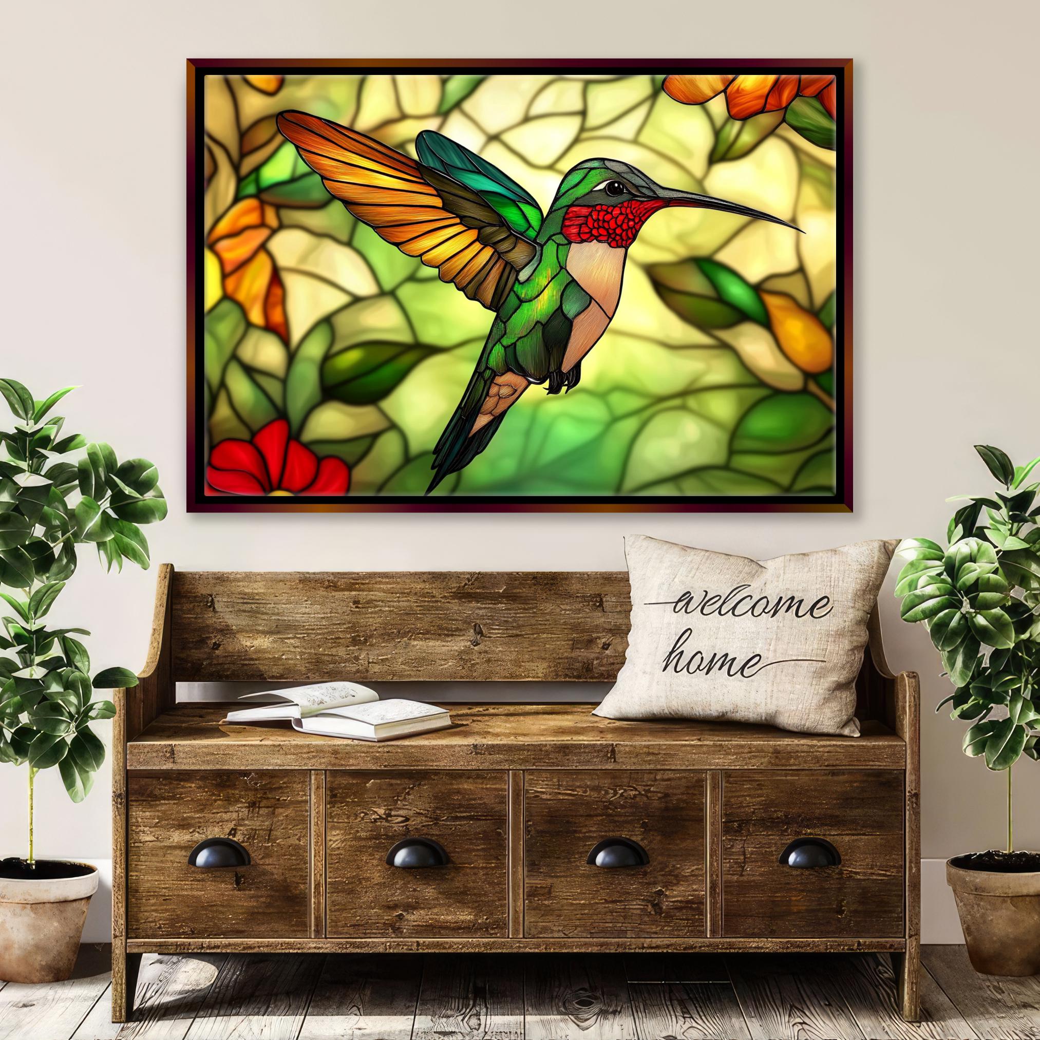 a painting of a hummingbird on a stained glass window