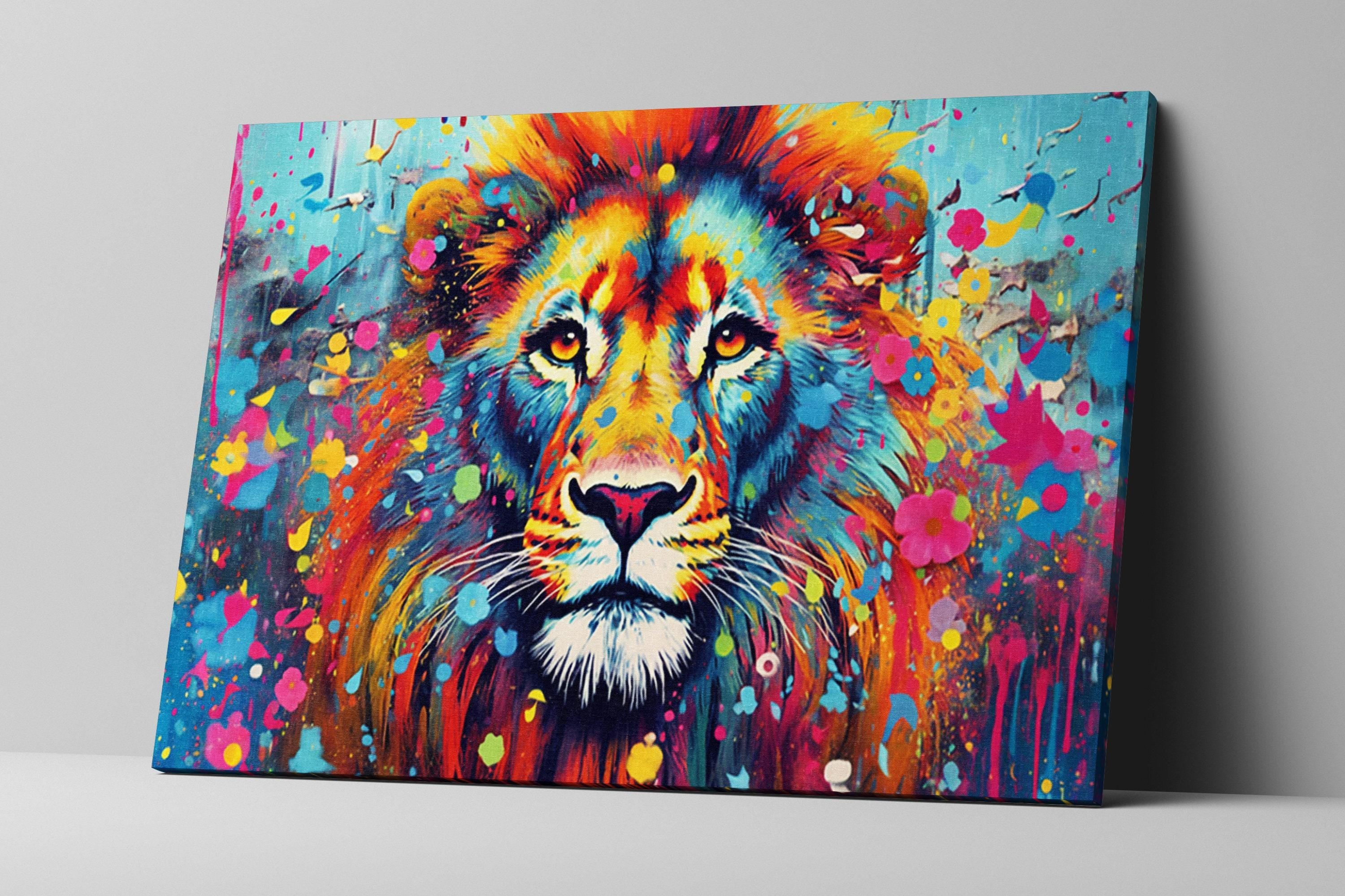 Lion Canvas Wall Art - Large Pop Art Painting on Gallery Ready Canvas Frame