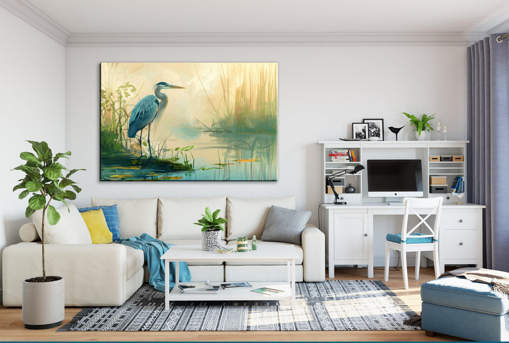 Blue Heron Wall Art – Large Canvas Print | Misty Morning Coastal Decor