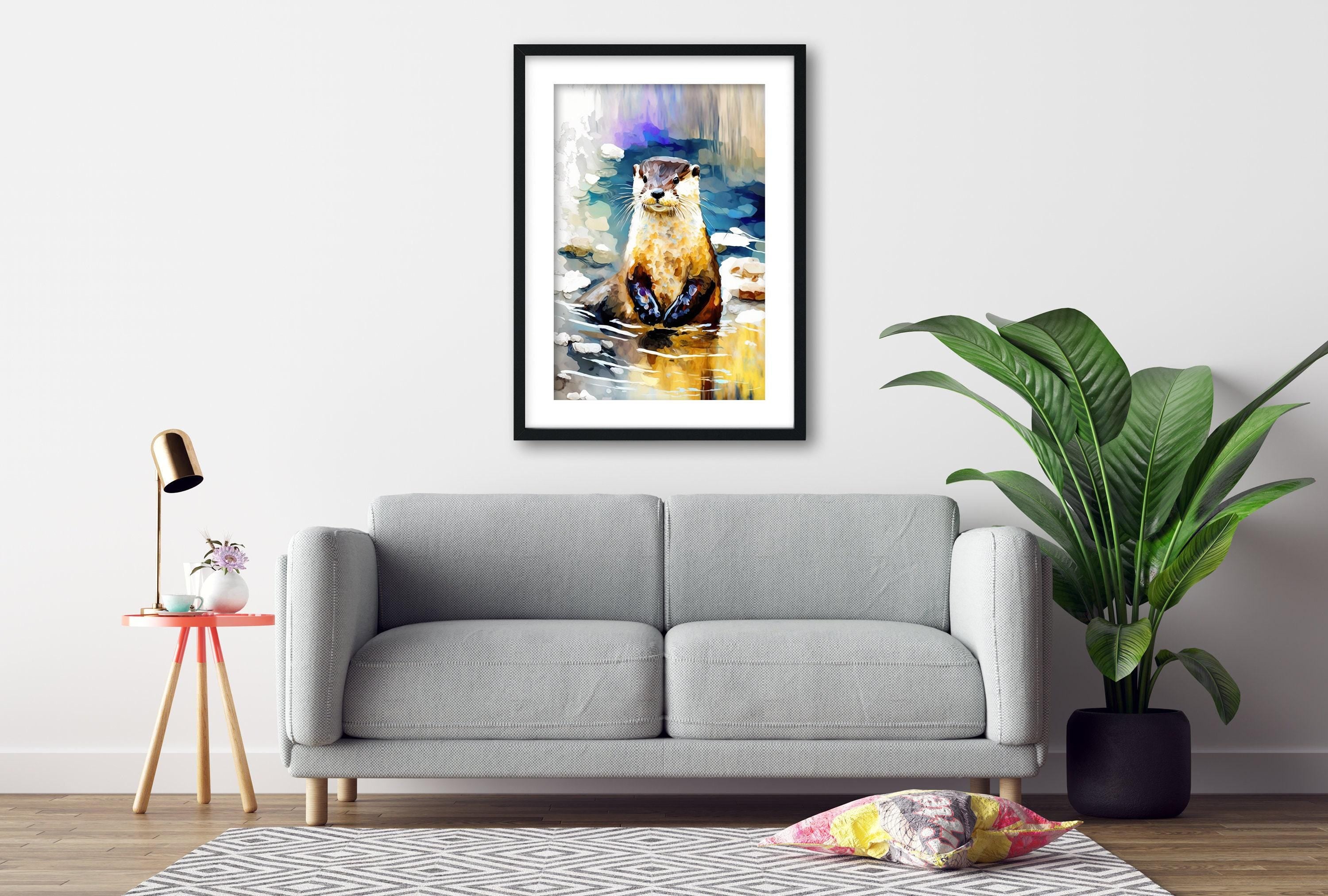 Playful River Otter: Watercolor Otter Wall Art Print, Giclee Print on Canvas, Artist Paper, Watercolor Paper, Available in Extra Large Sizes