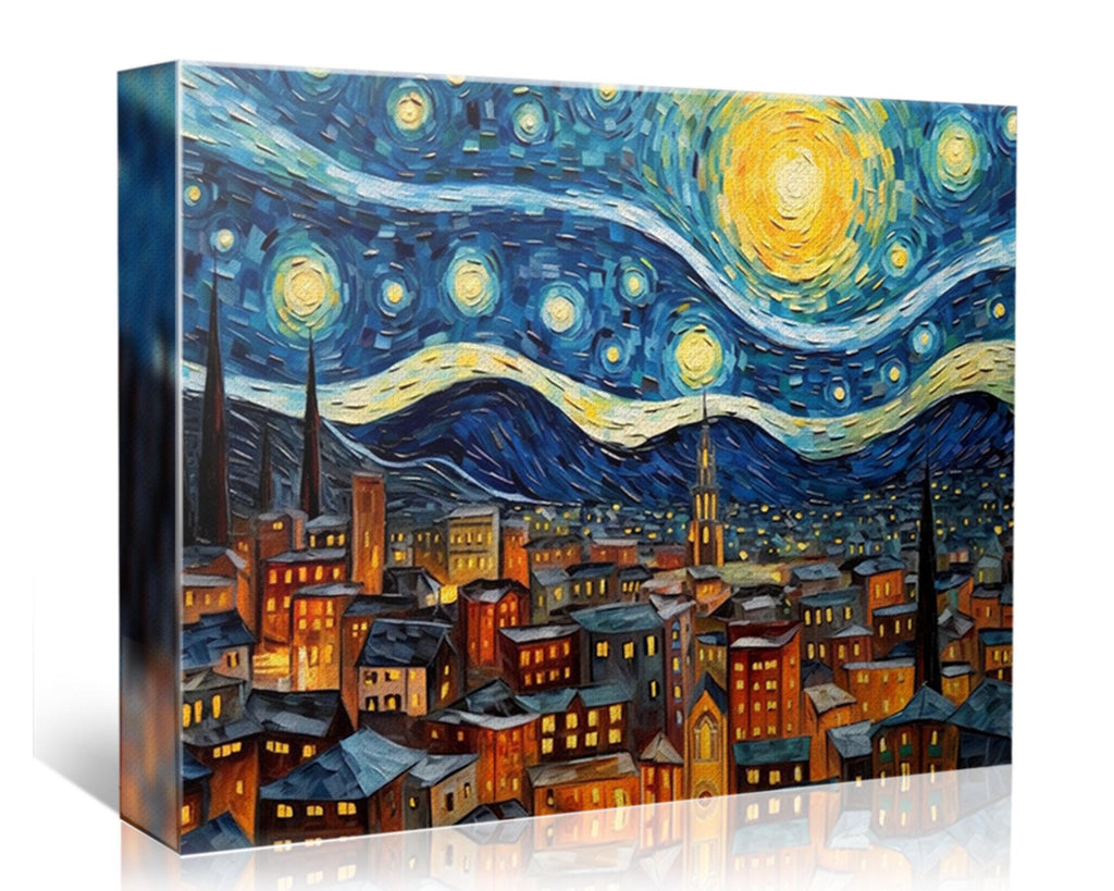 Starry Night Wall Art – Large Canvas Art | Van Gogh Inspired Print, Vibrant Night Sky Painting