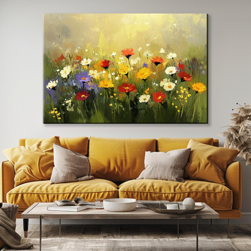 a living room with a couch and a painting on the wall
