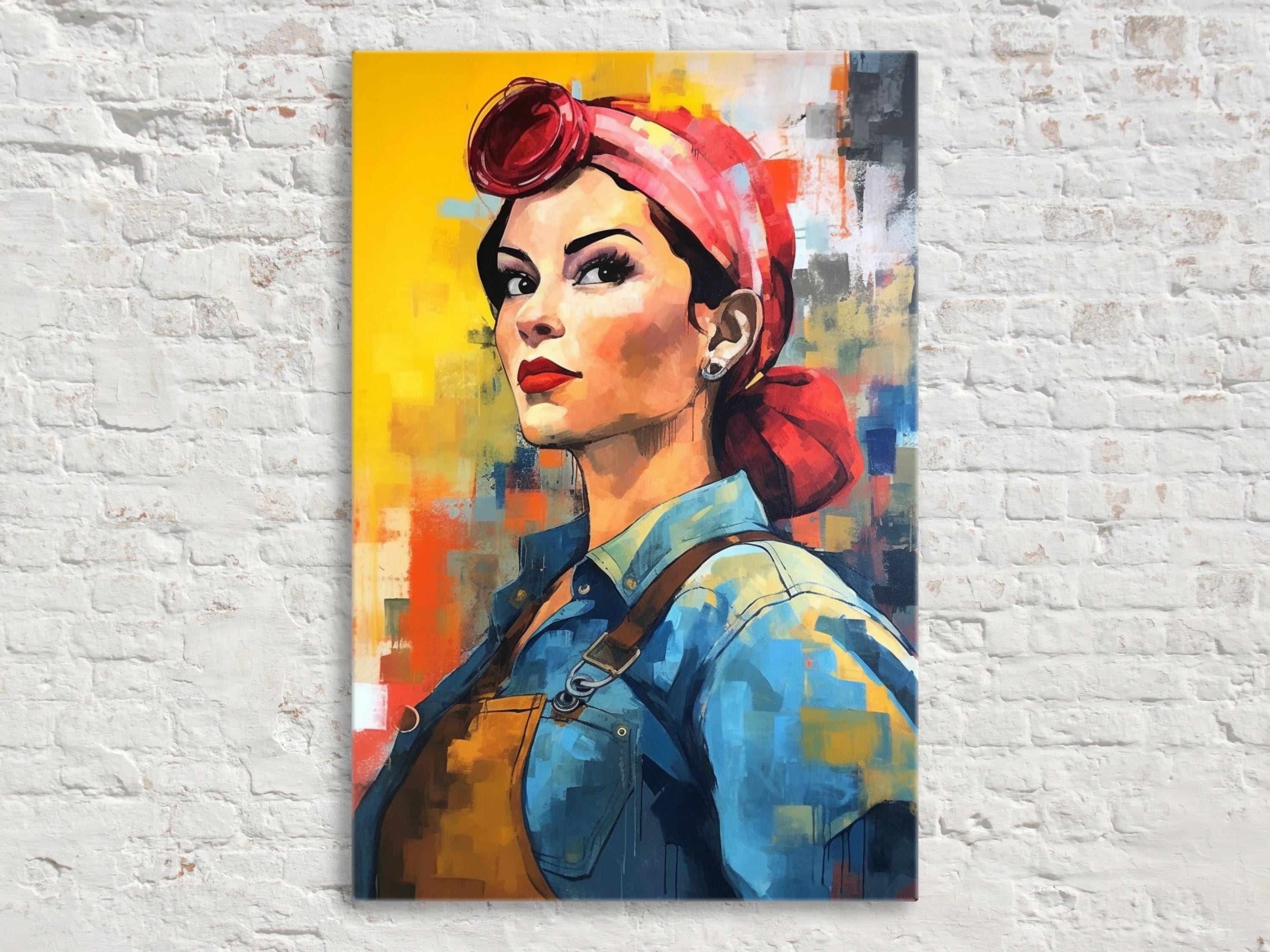 A colorful portrait of a woman wearing a red headscarf and a blue denim jacket, set against a vibrant abstract background.