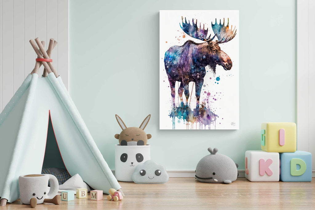 Moose Watercolor Art Print, Nursery Animal Canvas Print, Cute Decor, Framed Kids Wall Art