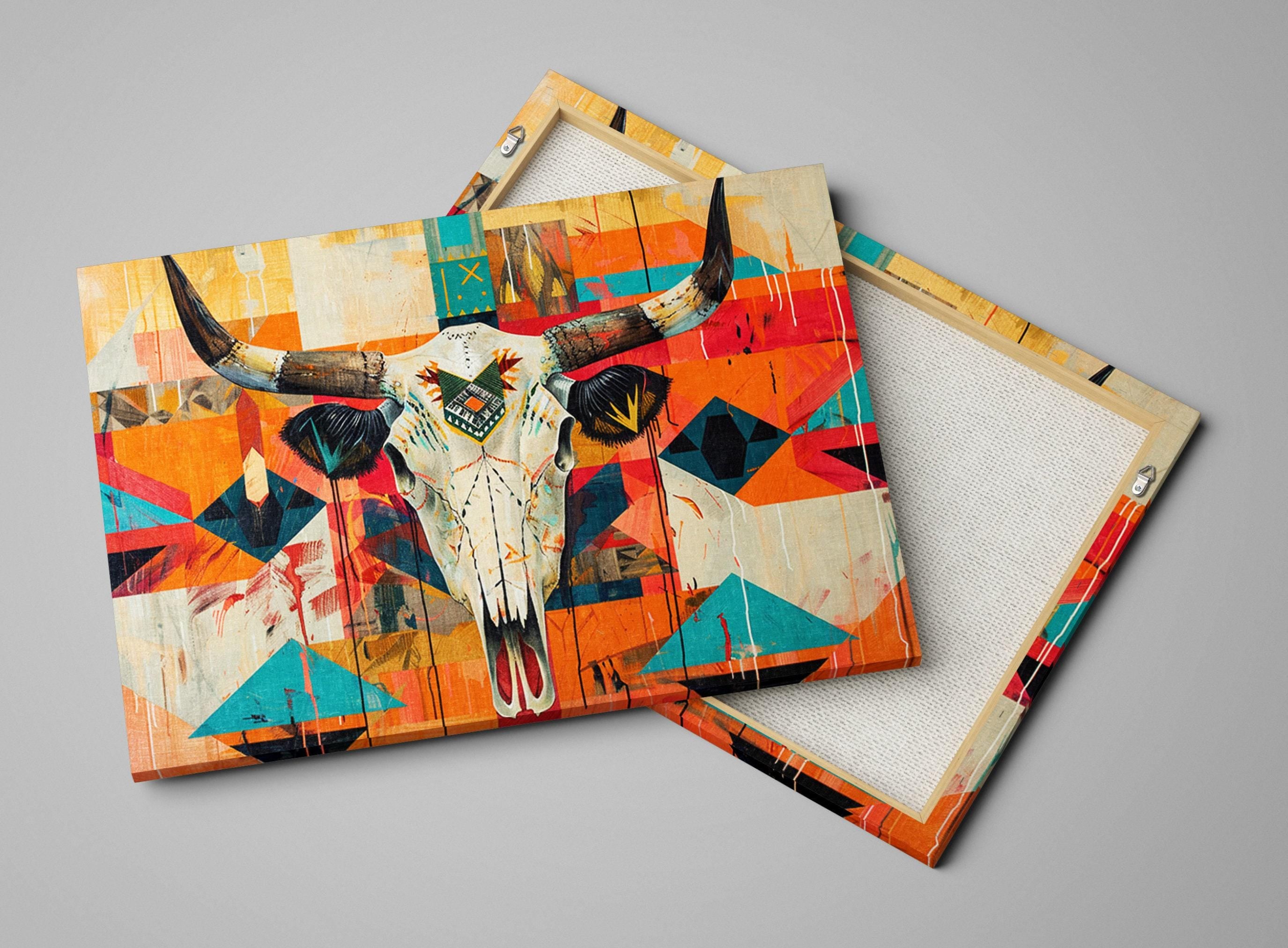Native Cow Skull Art – Southwest Native Art on Extra Large Gallery Wrapped Canvas