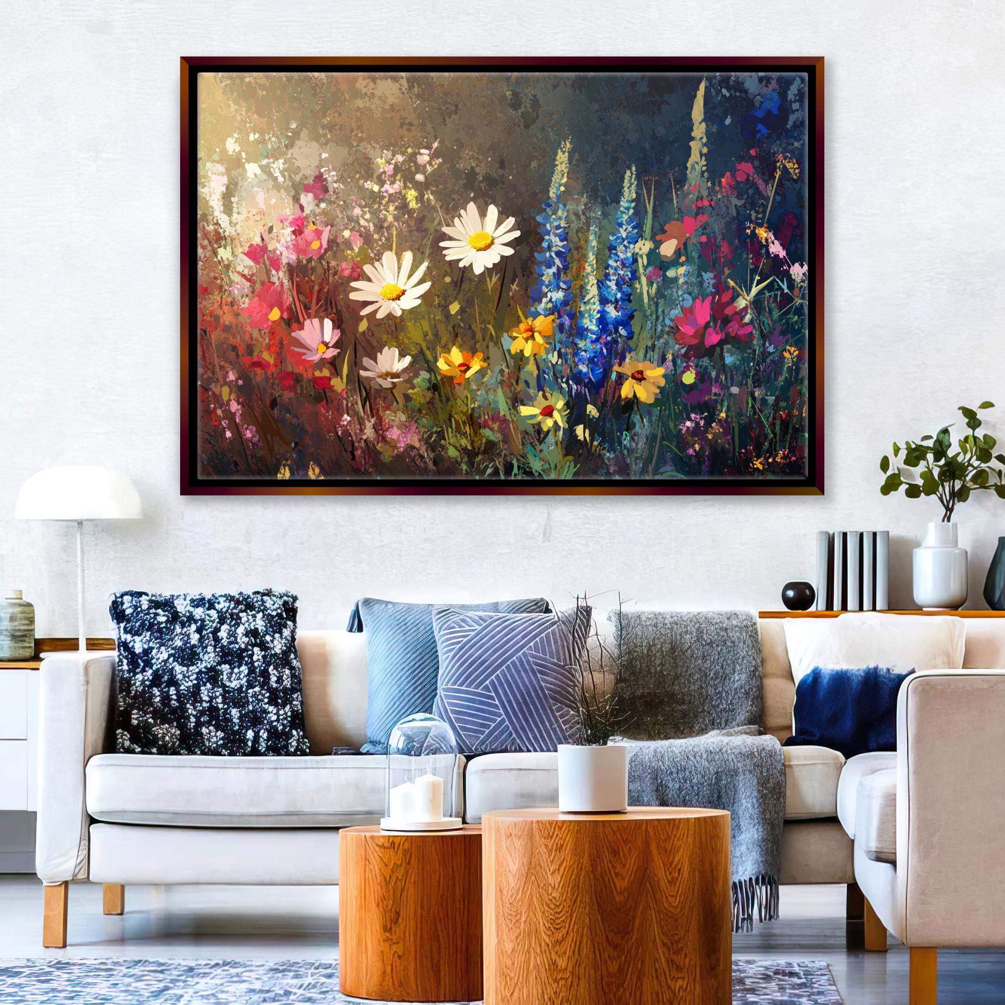 a living room filled with furniture and a painting on the wall