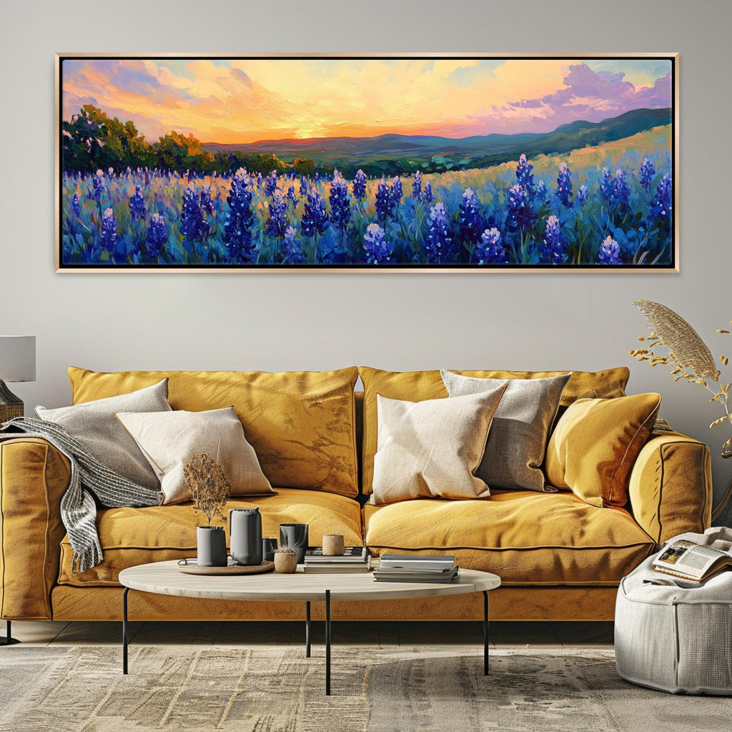 a living room with a couch and a painting on the wall