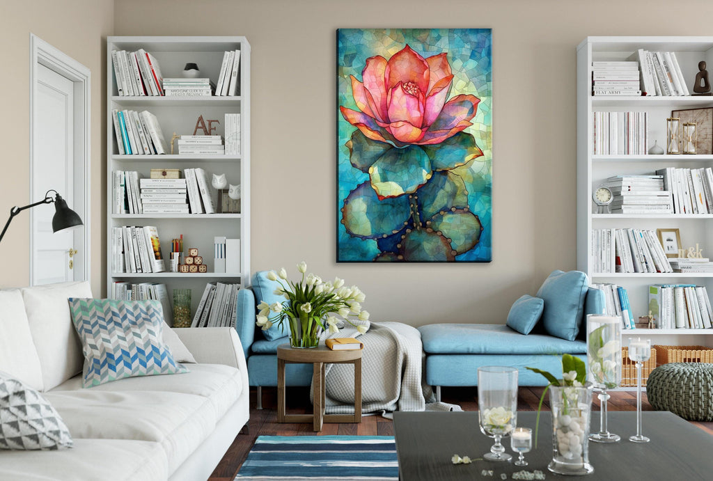 a cozy living room with a large, colorful painting of a cactus flower hanging on the wall. The room is furnished with a white sofa, a blue armchair, and a wooden coffee table. The walls are adorned with numerous bookshelves filled with books, and the room is decorated with vases, candles, and other decorative items.