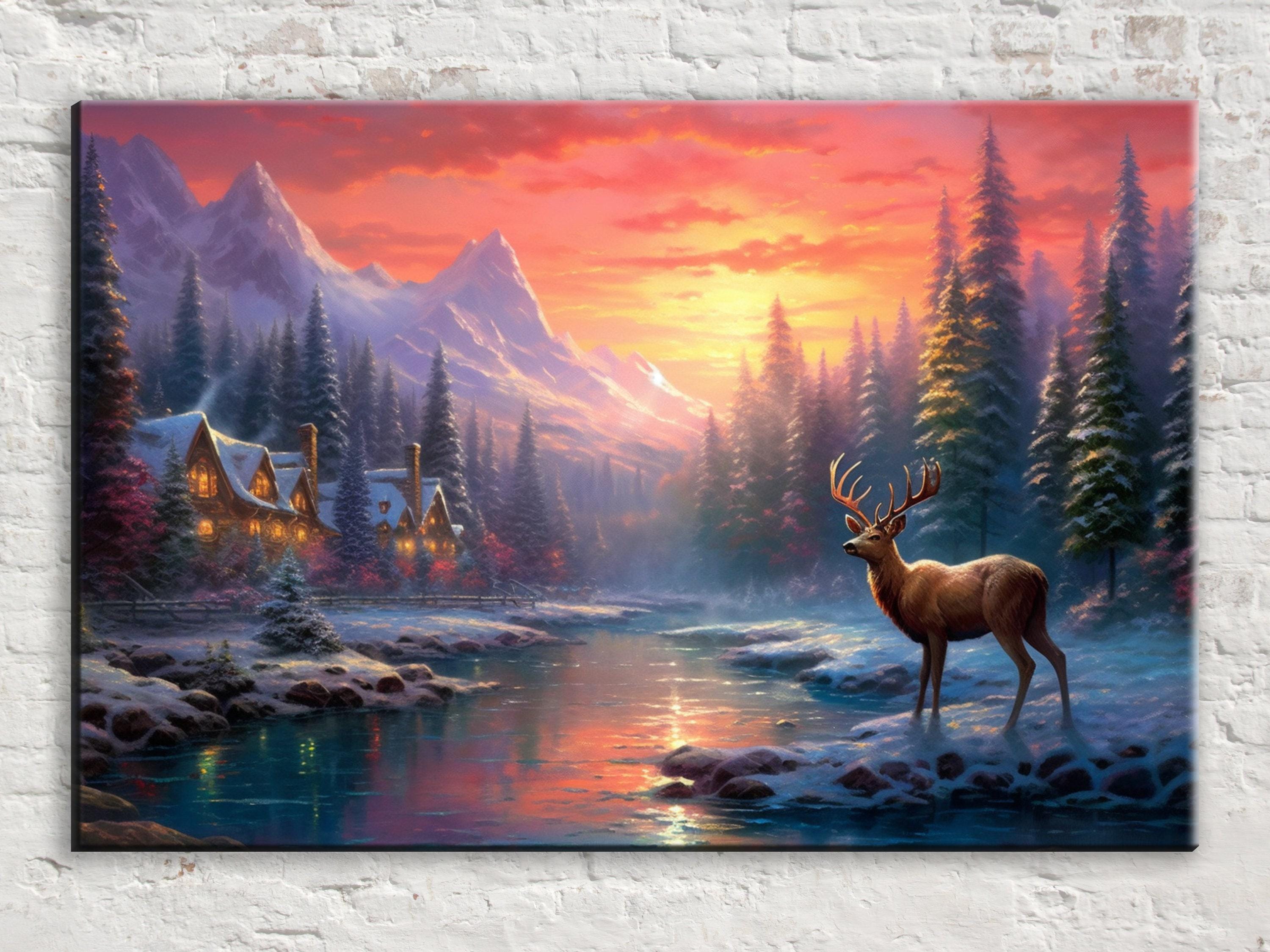 Vintage Reindeer Canvas – Extra Large Giclee Art Print | Rustic Christmas Decor