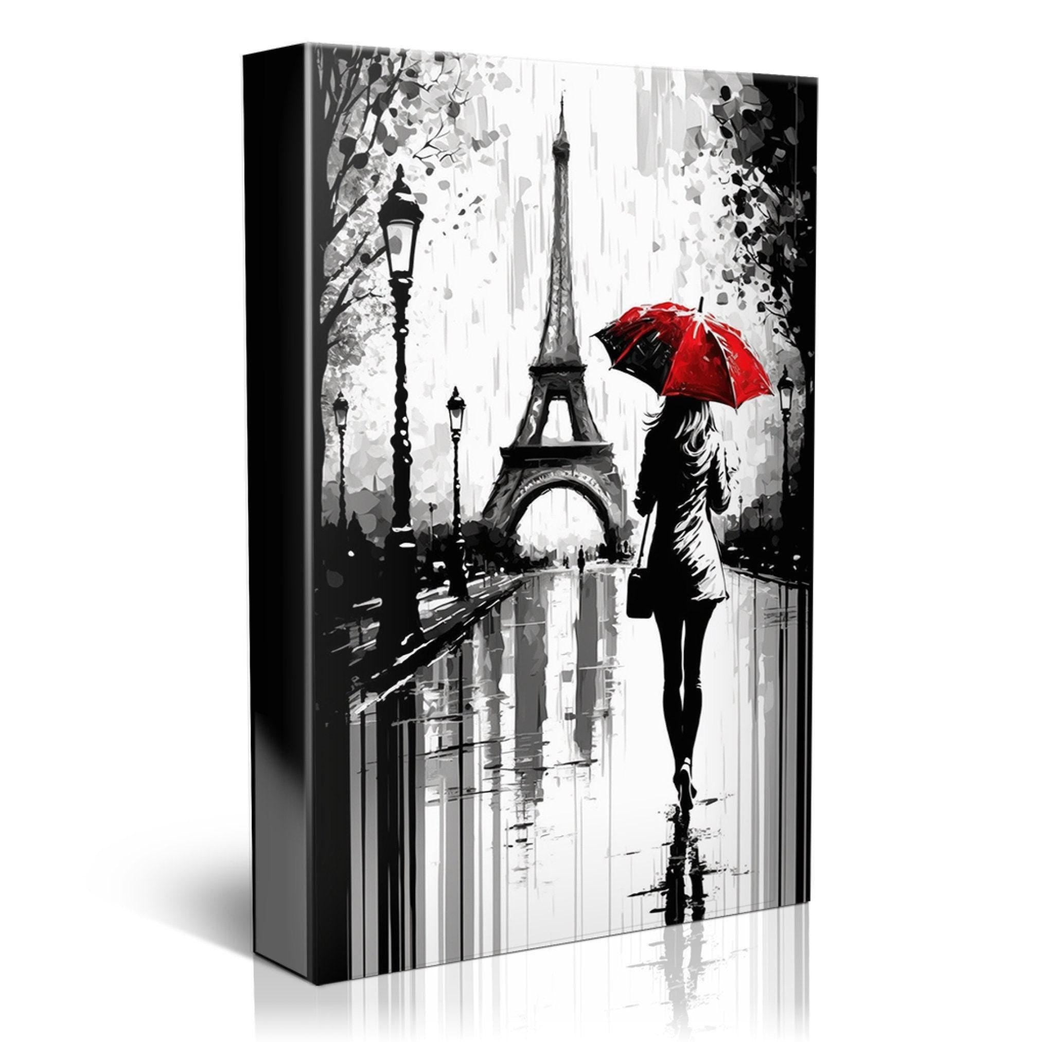 Paris Street Canvas – Woman with Red Umbrella | Black and White Art with Touch of Red