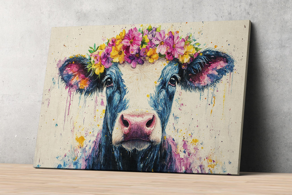 A painting of a cow with a flower crown on its head, featuring a colorful and whimsical design.