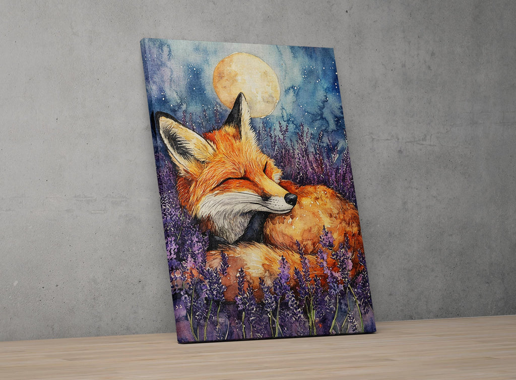 A painting of a sleeping fox in a field of purple flowers, with a full moon in the background.