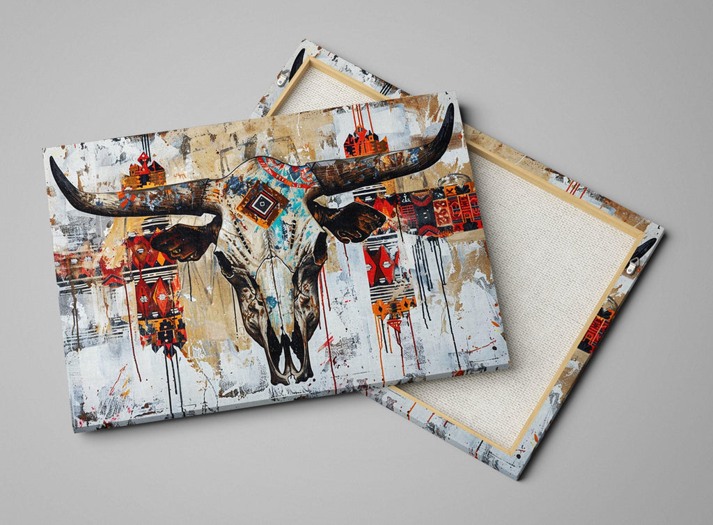 Native Cow Skull Art – Large Canvas Wall Art | Abstract Tribal Pattern Print