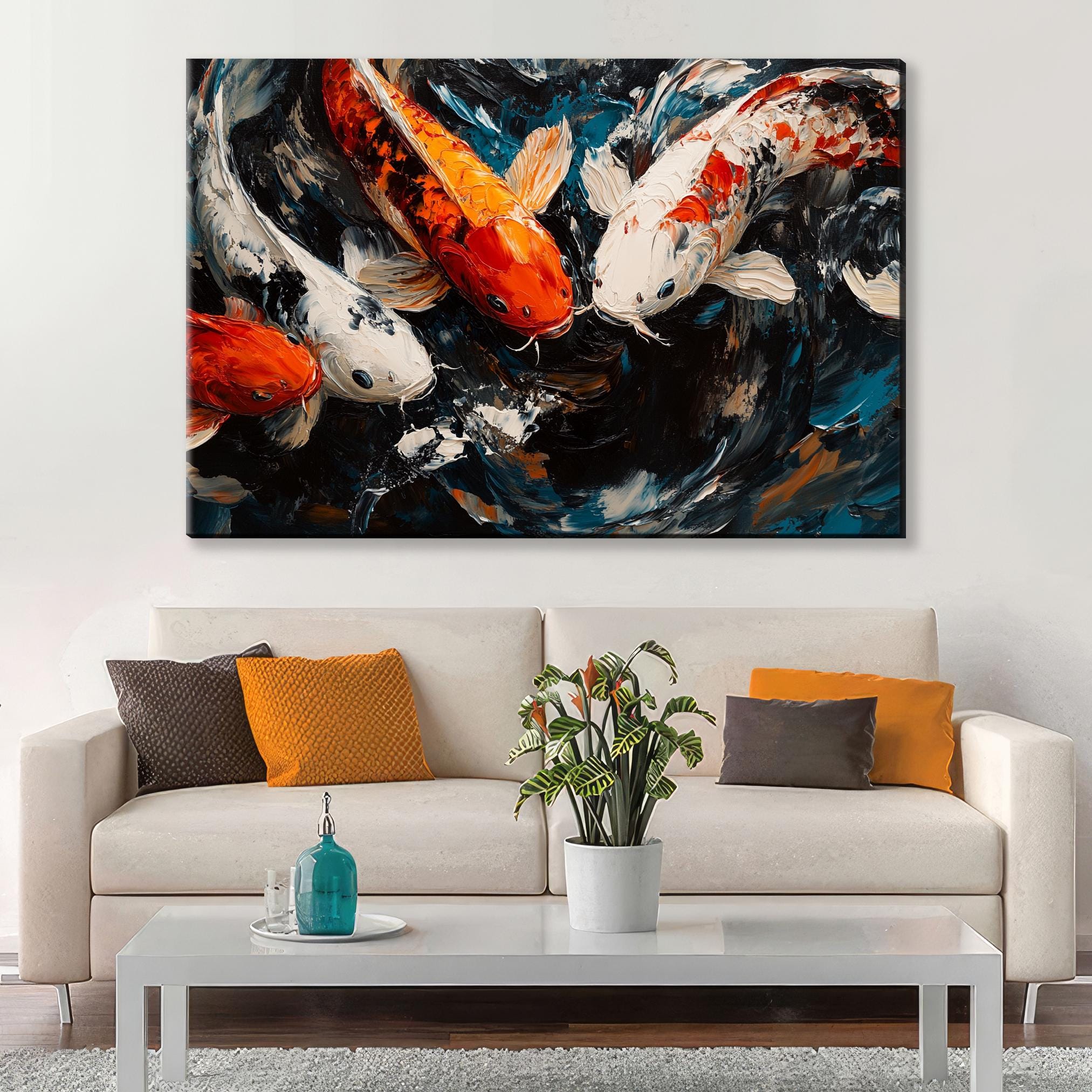 a living room with a couch and a painting on the wall