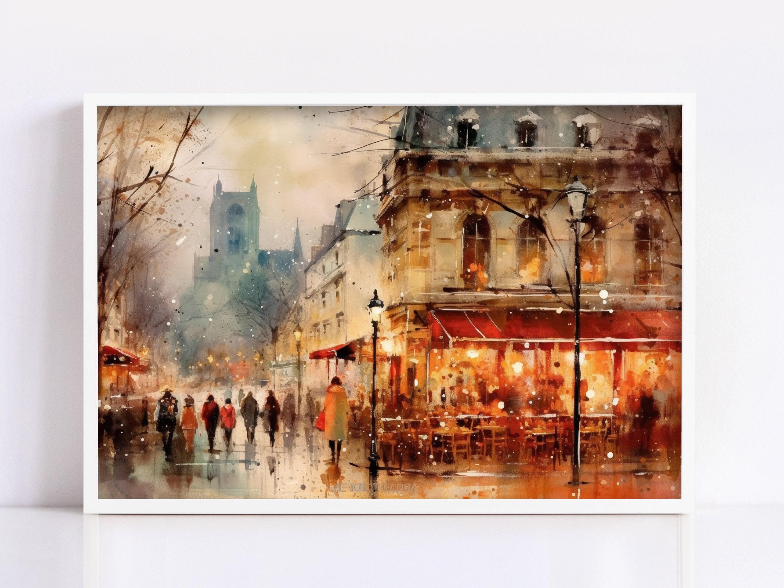 Winter in Paris Watercolor Painting - Holiday Art, Giclee Print on Canvas, Artist Paper, Watercolor Paper, Available in Extra Large Sizes