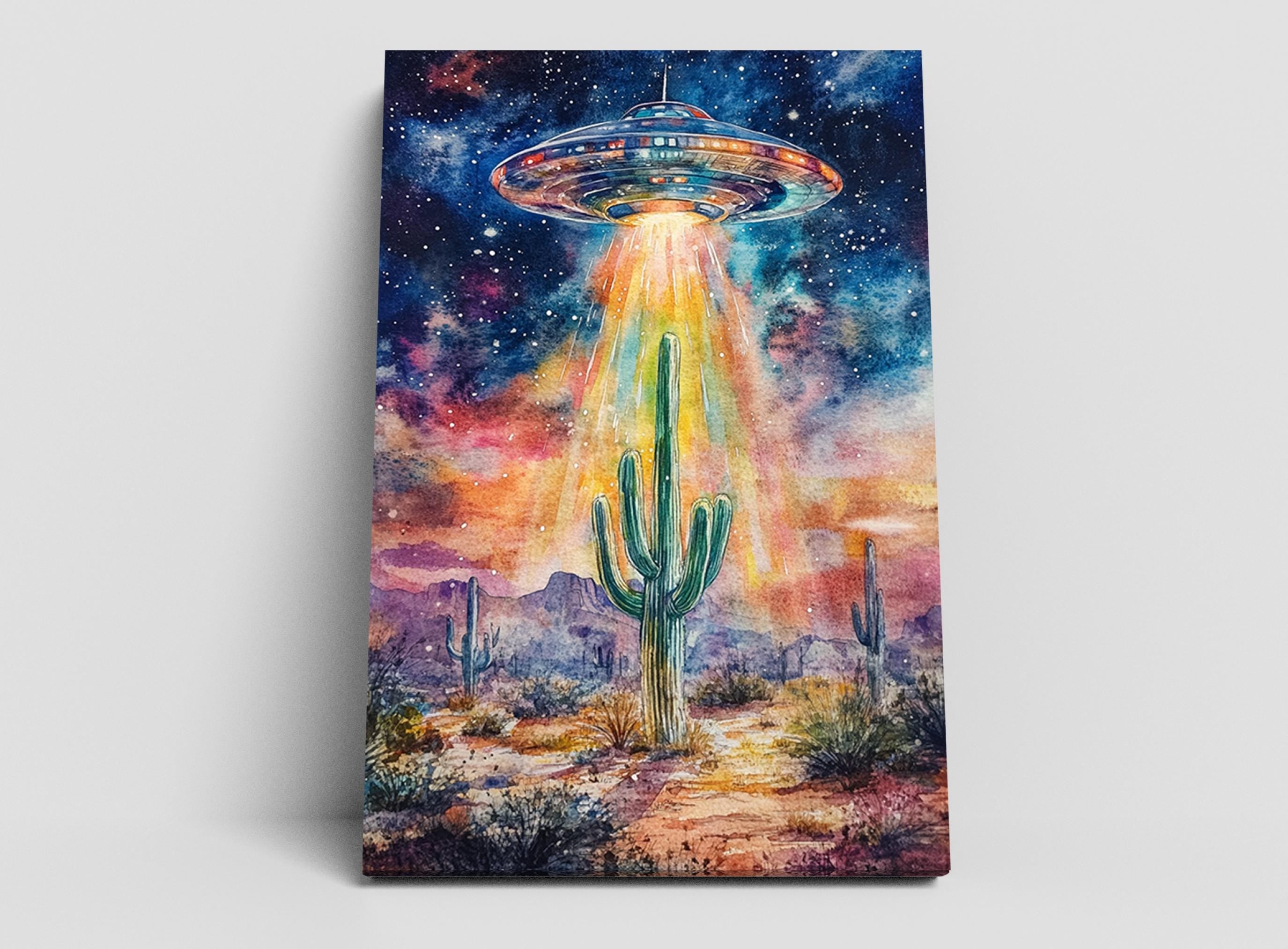a desert landscape with a cactus in the foreground and a large, colorful alien spacecraft hovering above it, emitting a bright light.