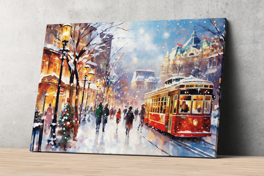 Magical Wintery City Watercolor - Classic Christmas Art, Print on Canvas, Artist Paper, Watercolor Paper, Available in Extra Large Sizes