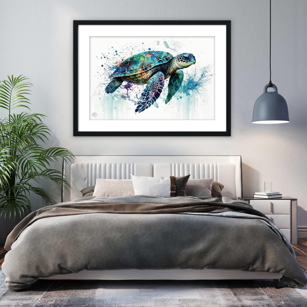 a large, colorful painting of a sea turtle hanging on the wall above a bed with a gray comforter.