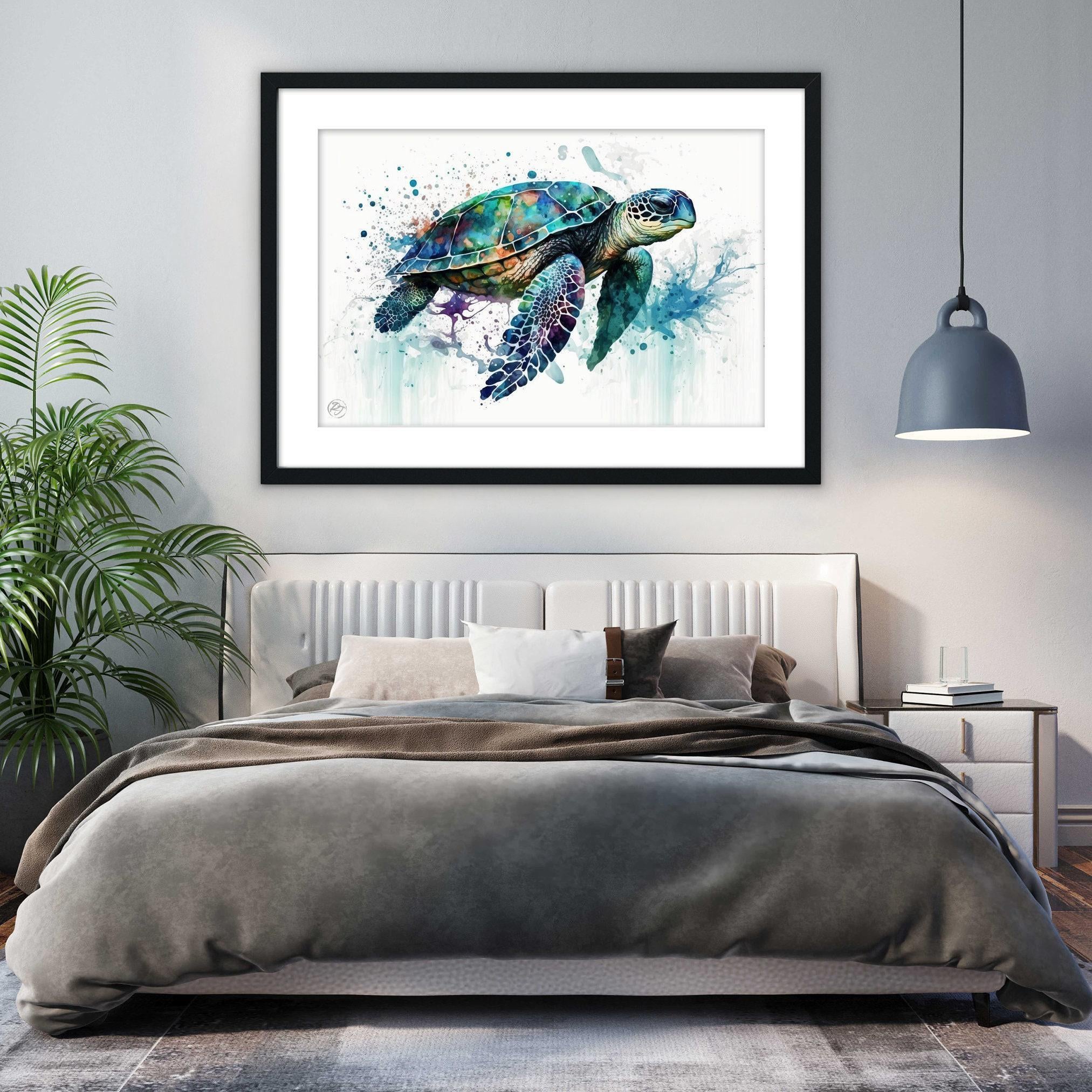 a large, colorful painting of a sea turtle hanging on the wall above a bed with a gray comforter.