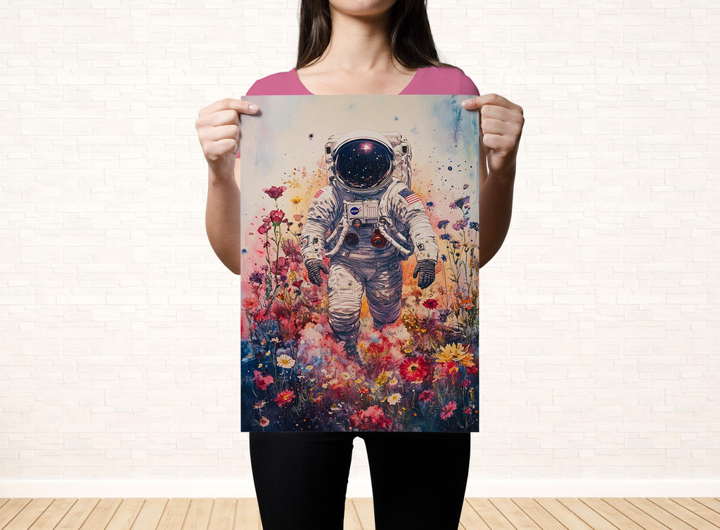 A woman holds up a poster featuring an astronaut walking through a colorful flower field.