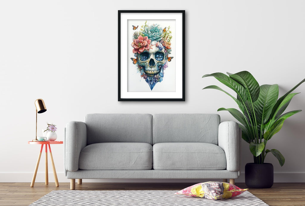 a gray sofa, a framed artwork of a colorful skull with flowers and butterflies, a small table with a lamp, and a potted plant.