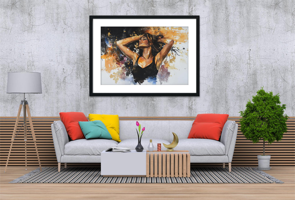a modern living room with a gray sofa, a coffee table, and a framed painting of a woman with her arms raised above her head. The room has a neutral color scheme with a wooden floor and a striped rug.
