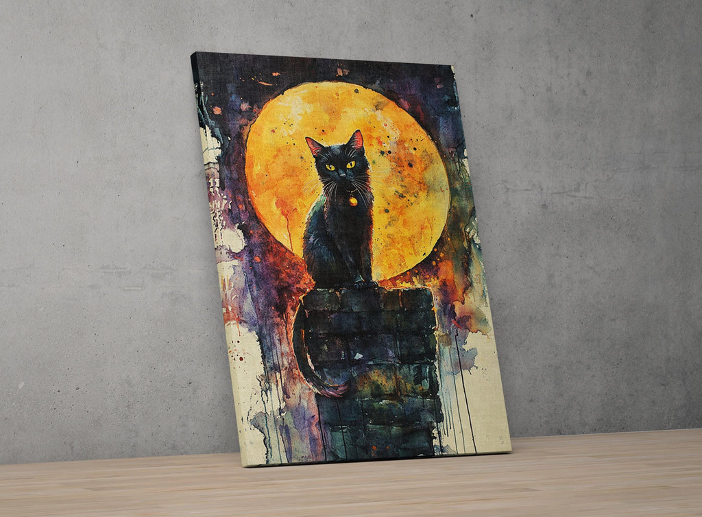 The image is a painting of a black cat sitting on a brick wall, with a large yellow moon in the background.