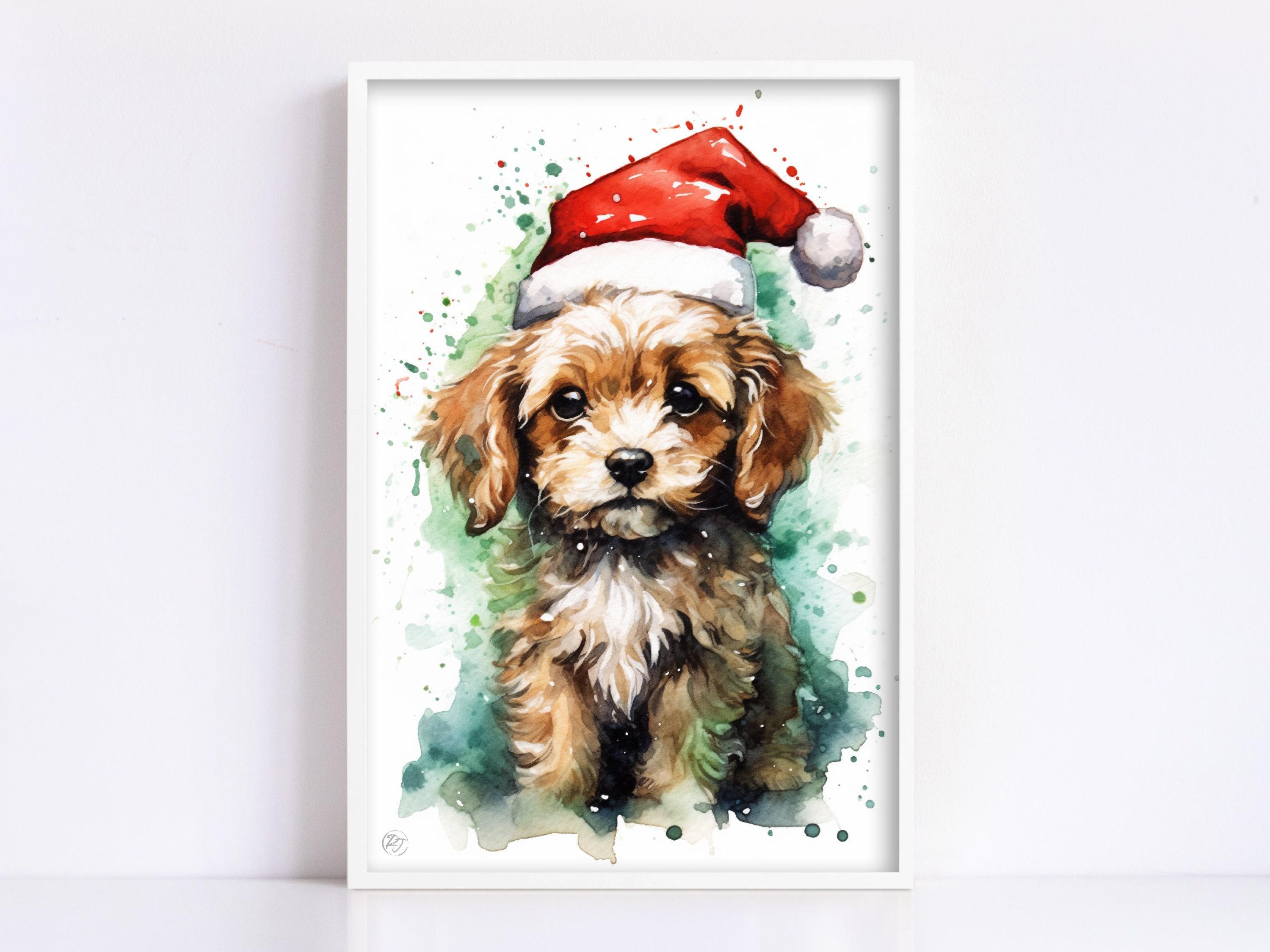 Holiday Pup in Santa Hat Watercolor Wall Decor, Giclee Print on Canvas, Artist Paper, Watercolor Paper, Available in Extra Large Sizes