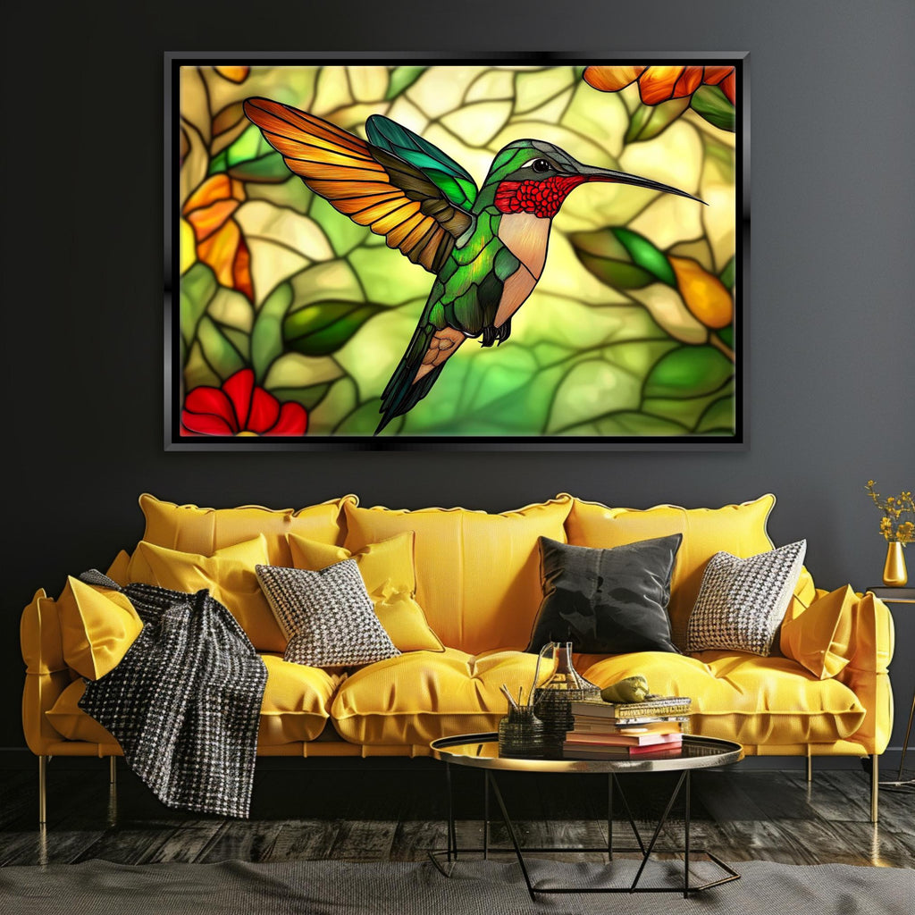 a living room with a couch and a painting on the wall