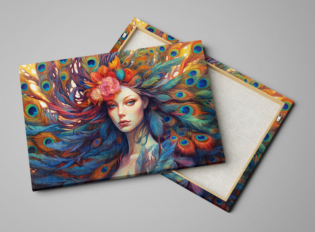 Peacock Feather Canvas | Large Canvas Print of Female Portrait Art with Vibrant Color