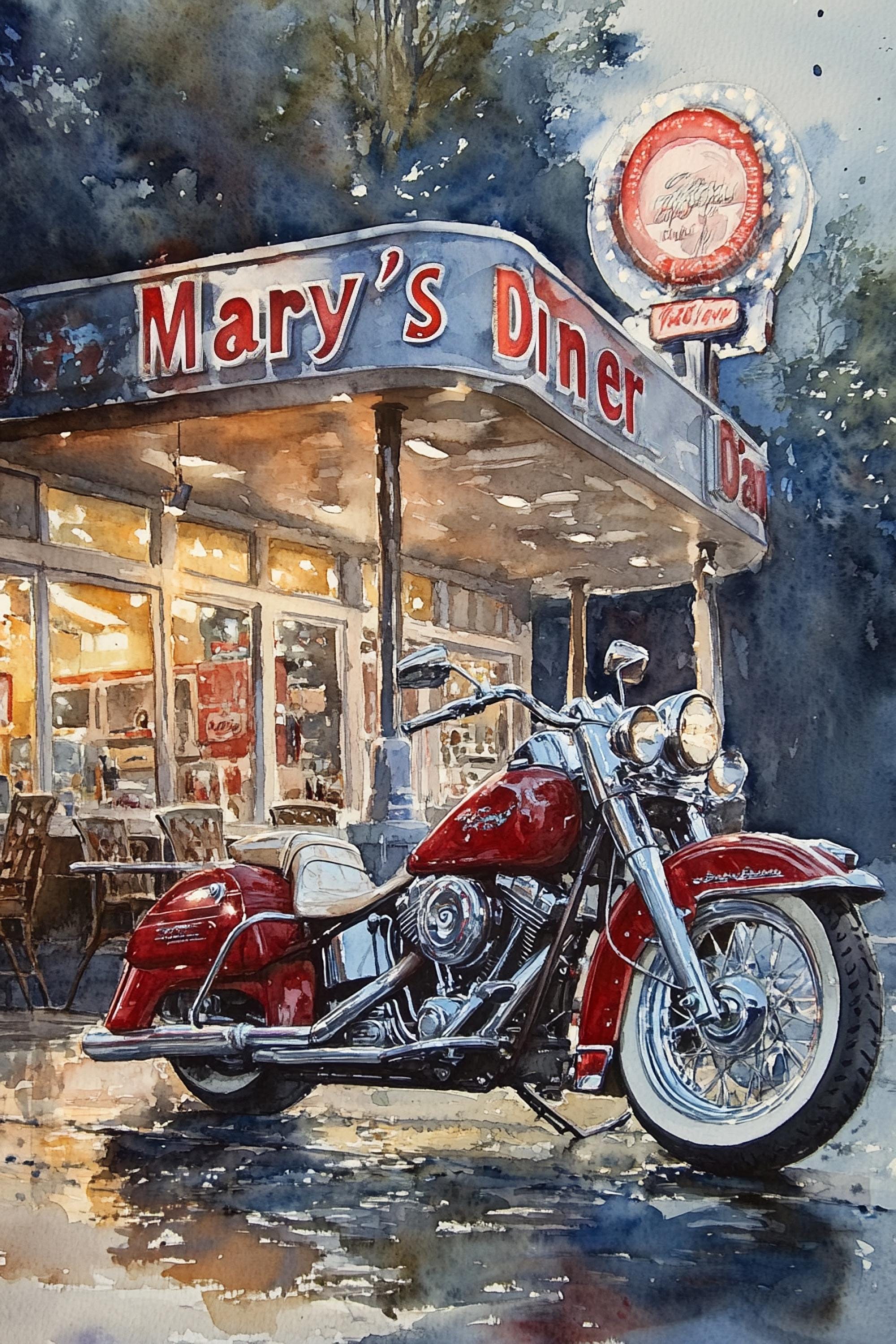 A red motorcycle parked in front of a diner named "Mary's Diner" at night, with a neon sign and trees in the background.