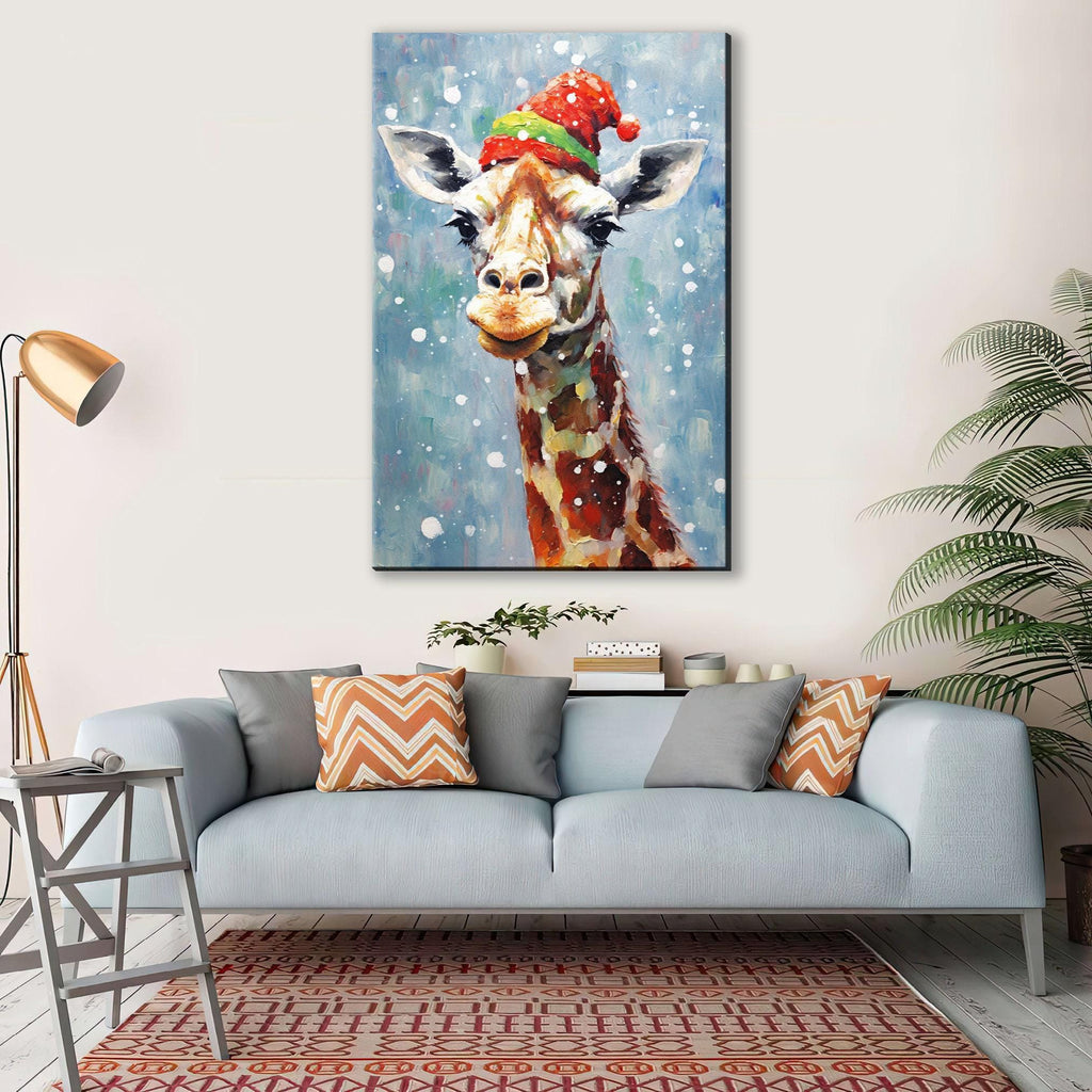 Giraffe In Santa Hat - Whimsical Christmas Canvas Art | Extra Large Gallery Wrapped Print