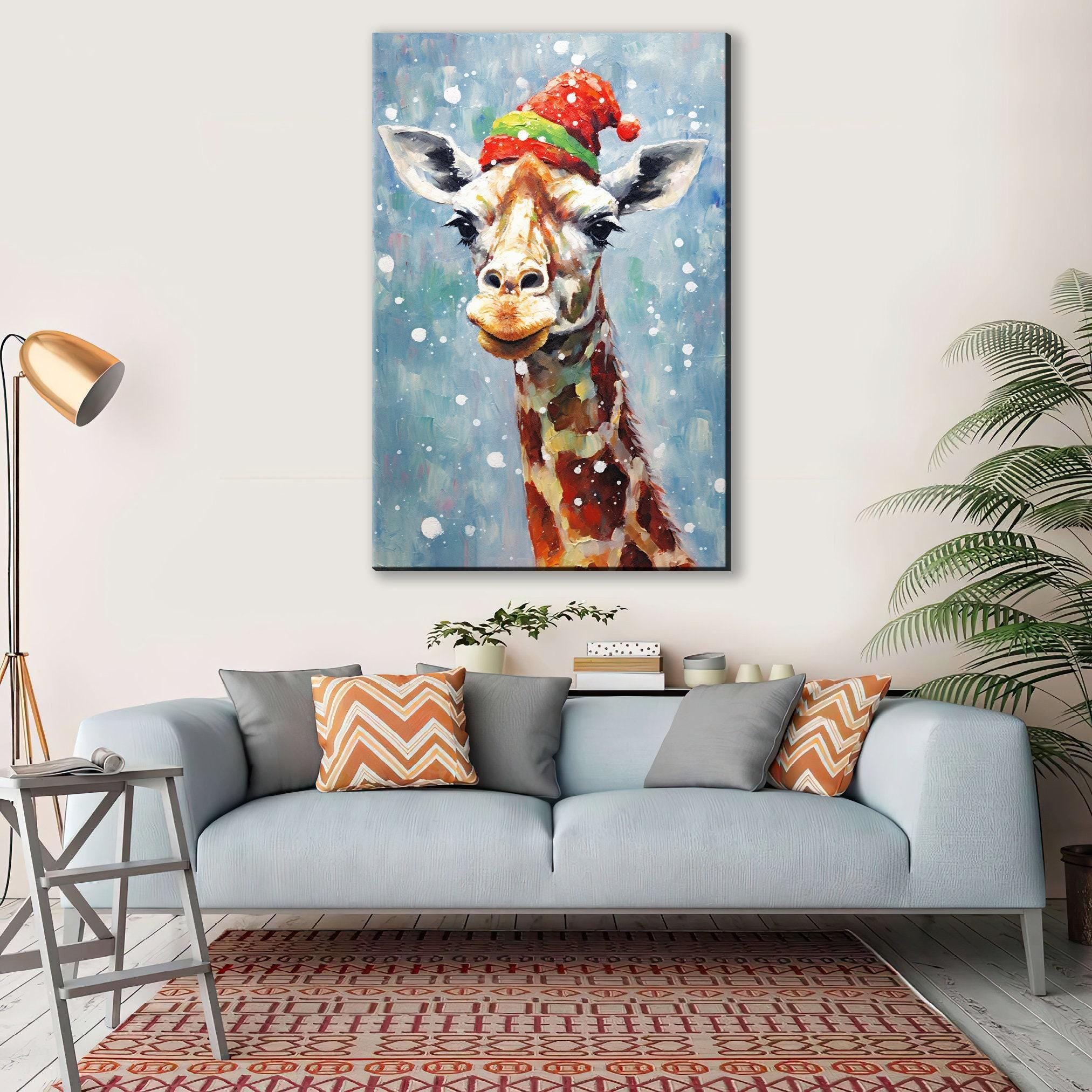 Giraffe In Santa Hat - Whimsical Christmas Canvas Art | Extra Large Gallery Wrapped Print