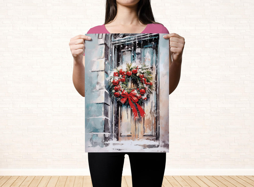 Festive Christmas Wreath Watercolor - Holiday Wall Art, Print on Canvas, Artist Paper, Watercolor Paper, Available in Extra Large Sizes